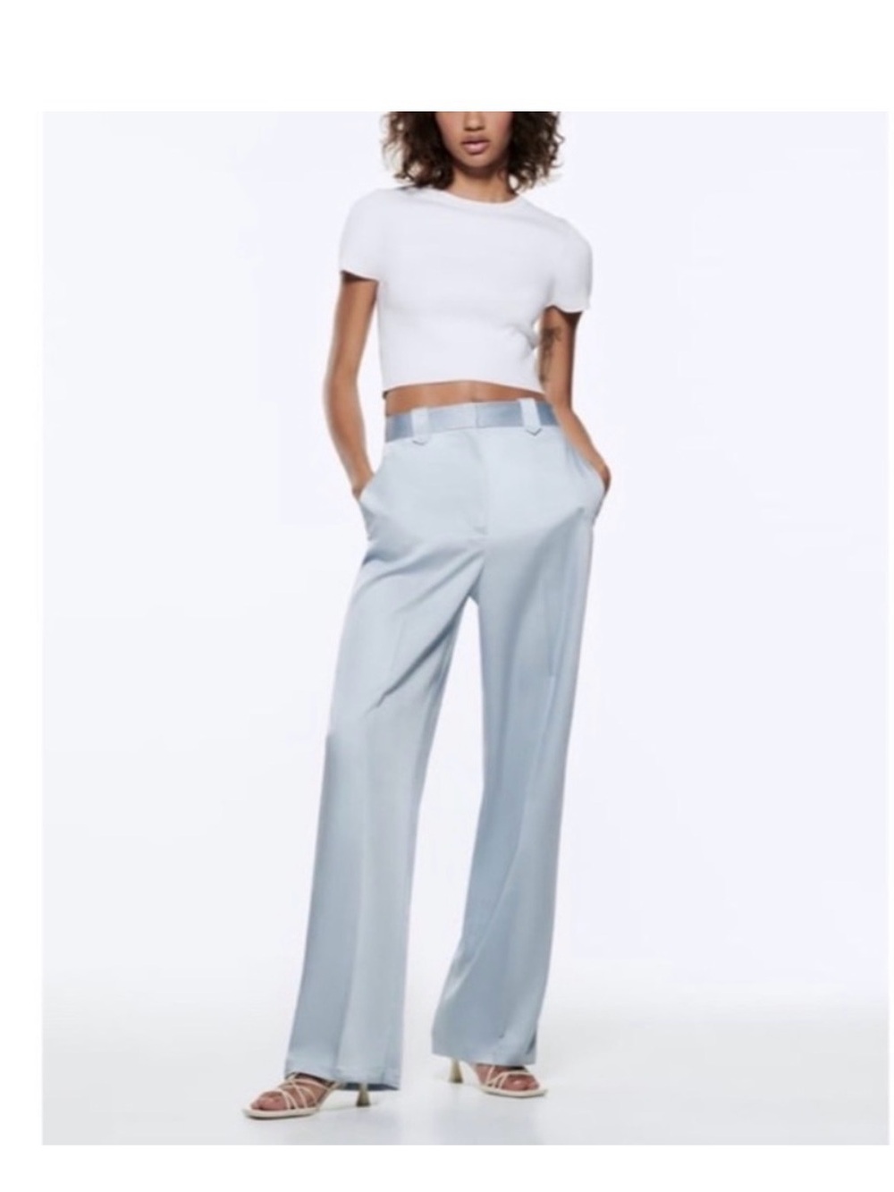 Zara Women's Wide Leg Satin Effect Pants 
Size S Baby Blue High Waisted NYC